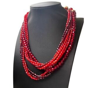 Vintage Germany Necklace Multi Strand Glass Bead Red Gold Tone Hook